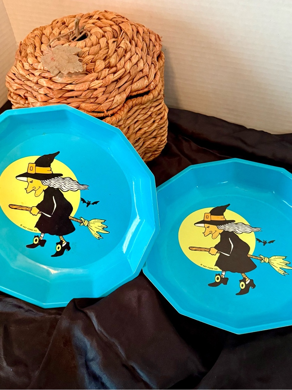 Vintage Halloween Plastic Witch Two Plates /serving trays- Bright Teal